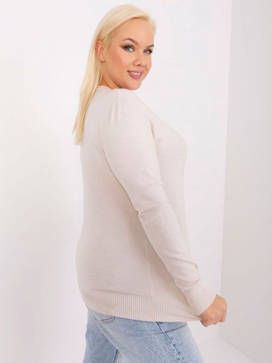 Odziez maloma Bluzki Basic | Milutki Sweterek Bluzka Damska Plus Size W Kolorze M Dekolt V Isma Bezowy