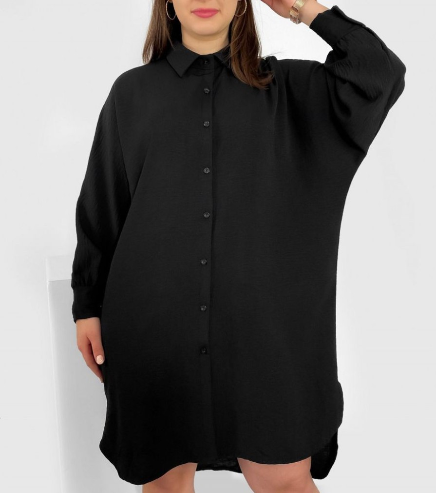 Odziez maloma Sukienki Na Co Dzien | Koszula Tunika Plus Size W Kolorze M Sukienka Oversize Guziki Enia Czarny