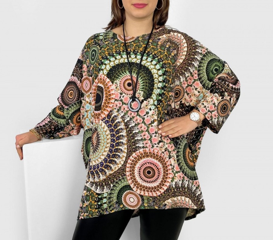 Odziez maloma Bluzki Z Naszyjnikiem | Tunika Plus Size Dluzszy Tyl Oversize Z Naszyjnikiem Wzor Rozkwit Moriko Pudrowy/Zielony/Multikolor