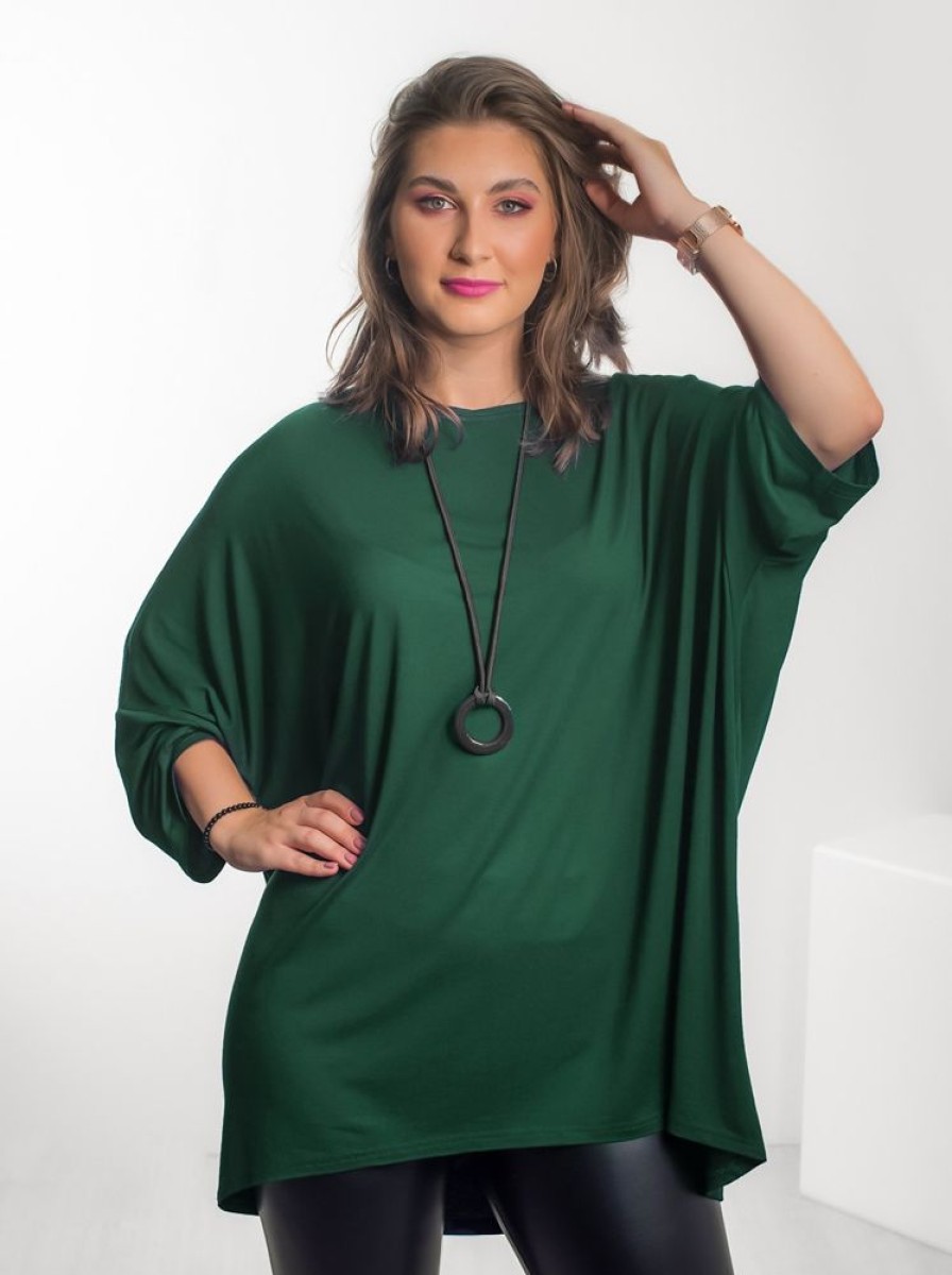 Odziez maloma Tuniki Z Naszyjnikiem | Tunika Plus Size W Kolorze Butelkowej Zieleni Oversize Z Naszyjnikiem Rekaw 3/4 Daniela Zielony/Butelkowy