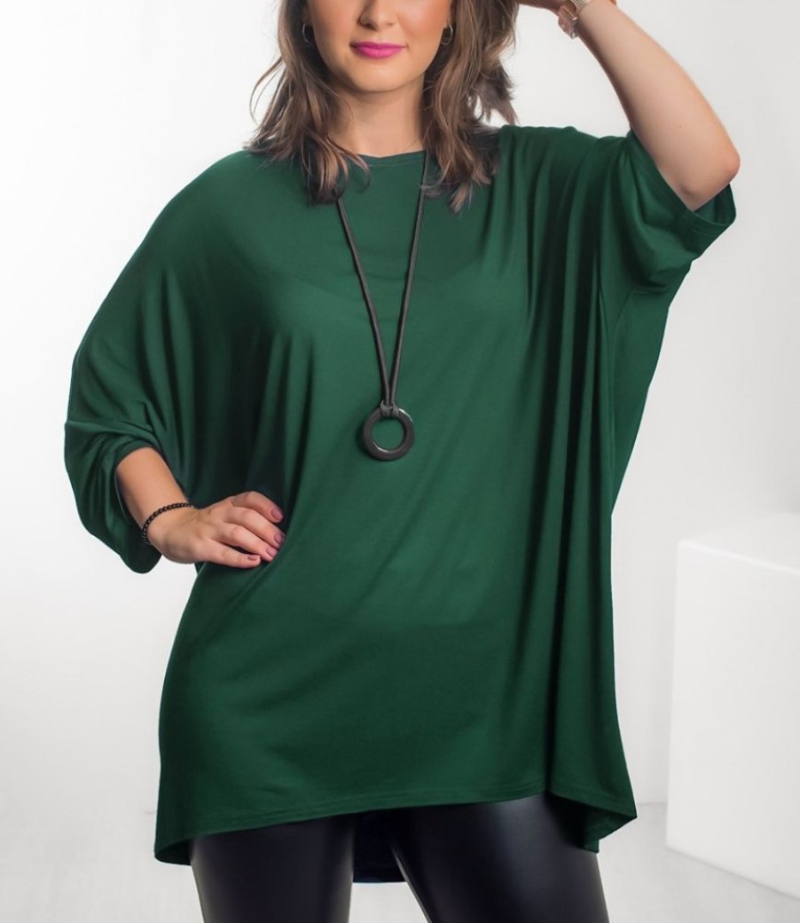 Odziez maloma Tuniki Z Naszyjnikiem | Tunika Plus Size W Kolorze Butelkowej Zieleni Oversize Z Naszyjnikiem Rekaw 3/4 Daniela Zielony/Butelkowy