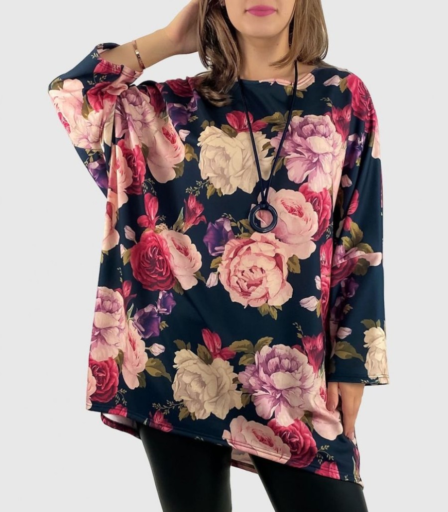 Odziez maloma Tuniki Z Naszyjnikiem | Welurowa Tunika Bluzka Plus Size Oversize Dluzszy Tyl Print Wzor Duze Kwiaty Lindy Granat/Rozowy/Multikolor