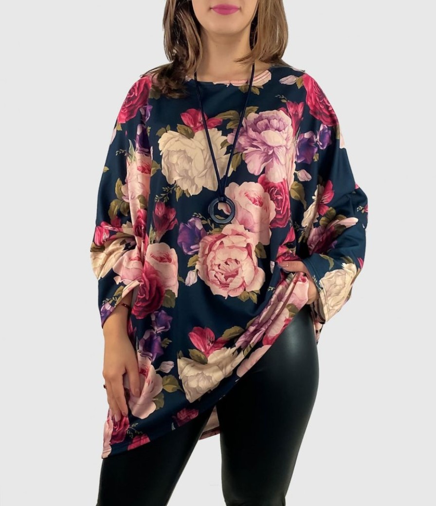 Odziez maloma Tuniki Z Naszyjnikiem | Welurowa Tunika Bluzka Plus Size Oversize Dluzszy Tyl Print Wzor Duze Kwiaty Lindy Granat/Rozowy/Multikolor