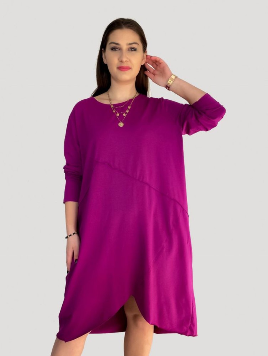 Odziez maloma Sukienki Rozkloszowane | Bawelniana Sukienka Plus Size W Kolorze Magenta Przeszycia Kieszenie Mavis Rozowy