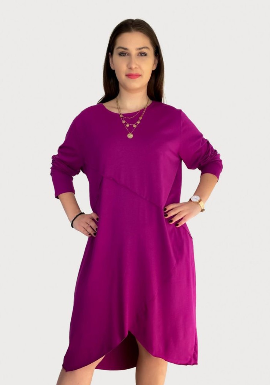 Odziez maloma Sukienki Rozkloszowane | Bawelniana Sukienka Plus Size W Kolorze Magenta Przeszycia Kieszenie Mavis Rozowy