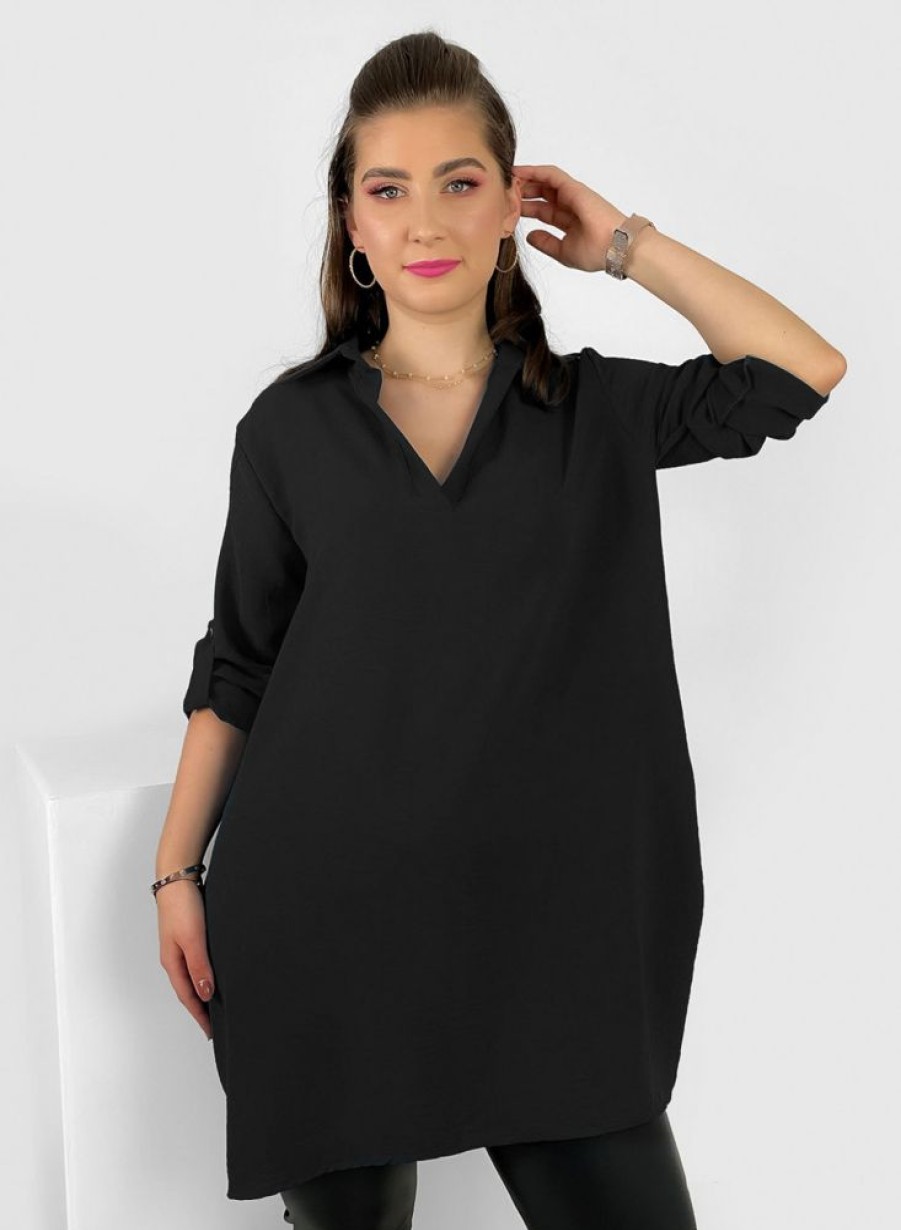 Odziez maloma Tuniki Z Rekawem | Koszula Tunika Plus Size W Kolorze M Podpinane Rekawy Kieszenie Meredith Czarny