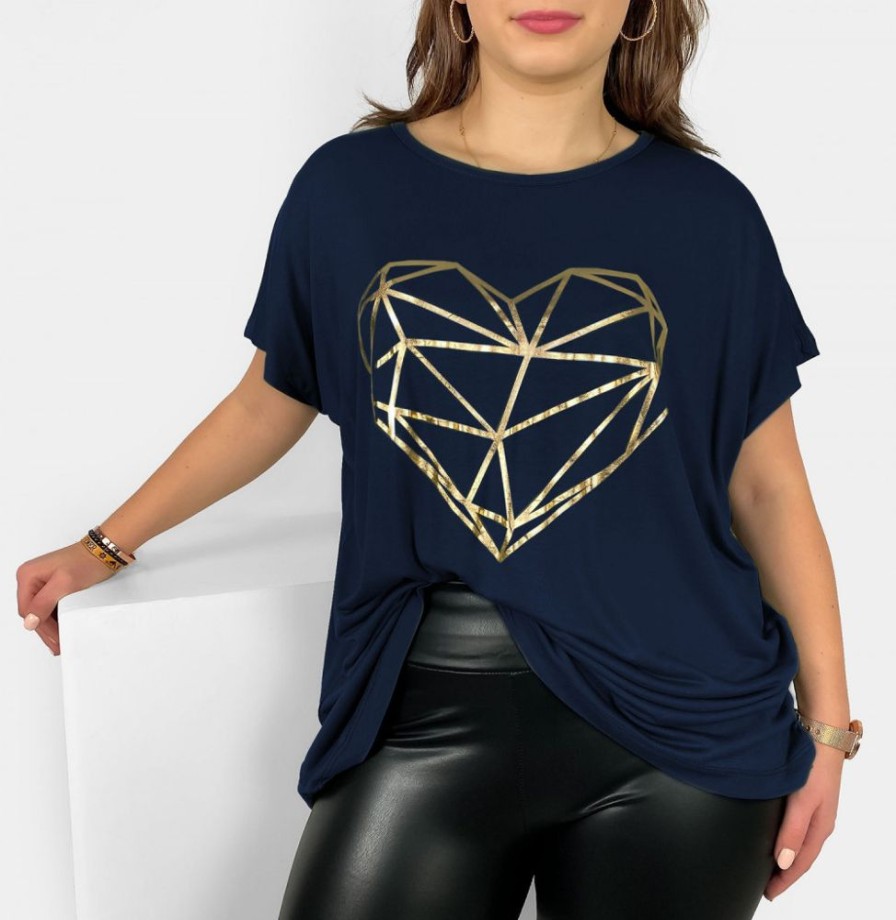 Odziez maloma T-Shirty Z Nadrukiem | Nietoperz T-Shirt Damski Plus Size W Kolorze Owym Geometryczne Serce Granat