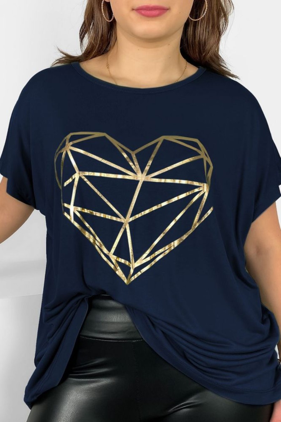 Odziez maloma T-Shirty Z Nadrukiem | Nietoperz T-Shirt Damski Plus Size W Kolorze Owym Geometryczne Serce Granat