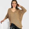 Odziez maloma Swetry W Serek | Lekki Sweter Plus Size W Kolorze Latte Nietoperz Dekolt W Serek Orin Latte/Bezowy