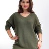 Odziez maloma Swetry Oversize | Sweter Damski W Kolorze Khaki Nietoperz Dekolt W Serek V Ingrid Khaki/Zielony