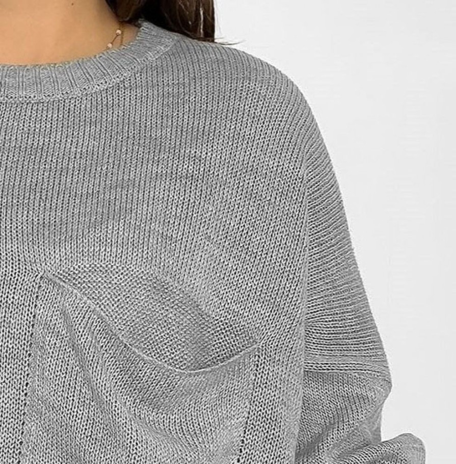 Odziez maloma Swetry Oversize | Krotki Luzny Sweter Damski Oversize W Kolorze M Okragly Dekolt Nietoperz Kieszen Hattie Szary