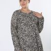 Odziez maloma Sukienki Z Printami | Milutka Trapezowa Sukienka Plus Size Dlugi Rekaw Wzor Gepard Zoey Czarny/Brazowy/Ecru