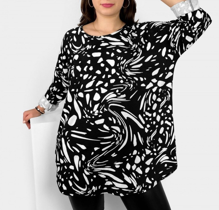 Odziez maloma Tuniki Asymetryczne | Milutka Tunika Plus Size Lekko Dluzszy Tyl Okragly Dekolt Oversize Wzor Znieksztalcenie Ruzan Czarny/Bialy