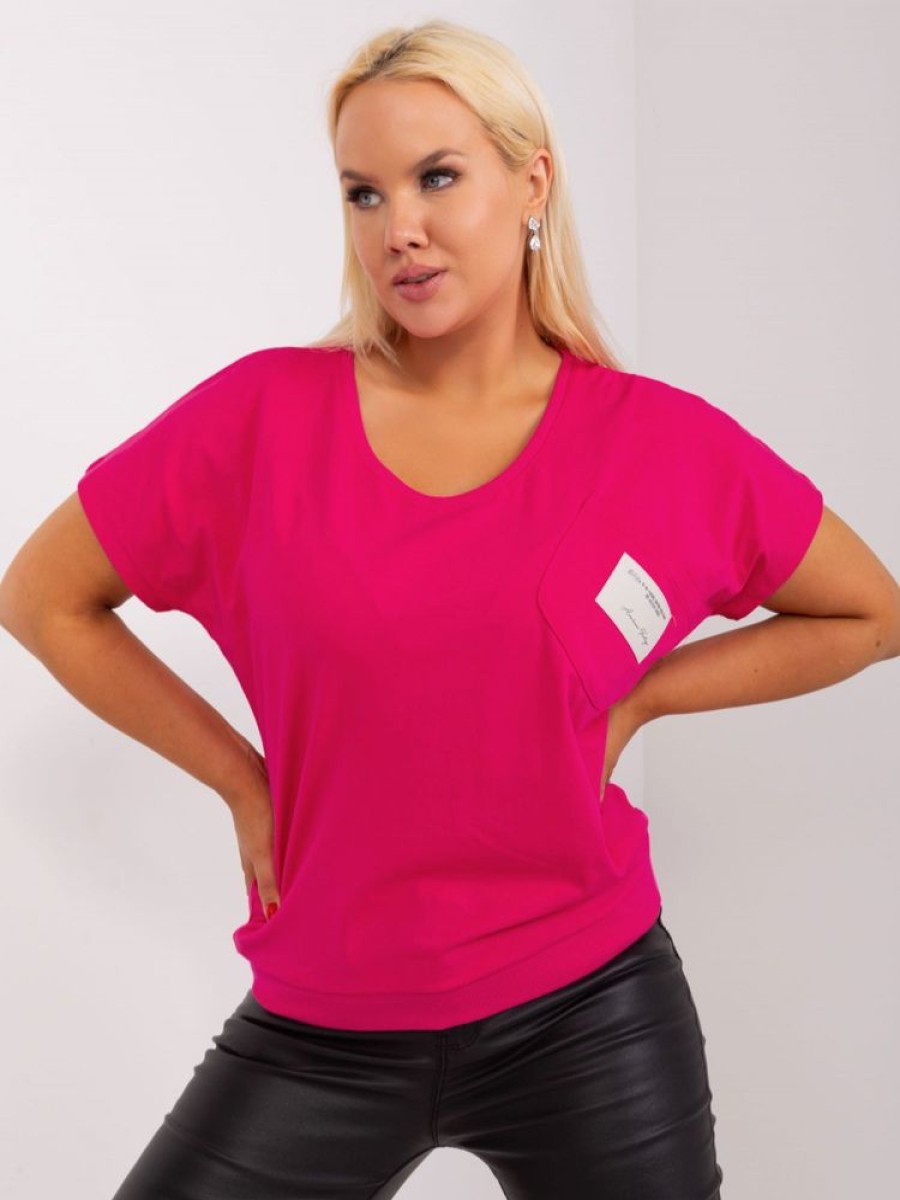 Odziez maloma T-Shirty One Size | Bluzka Damska Plus Size W Kolorze Fuksji Duza Kieszen Naszywka Rozowy/Fuksja