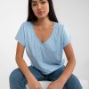 Odziez maloma T-Shirty Jednokolorowe | Bluzka Damska W Kolorze Blekitnym T-Shirt Basic Dekolt W Serek V-Neck Luna Niebieski/Blekit