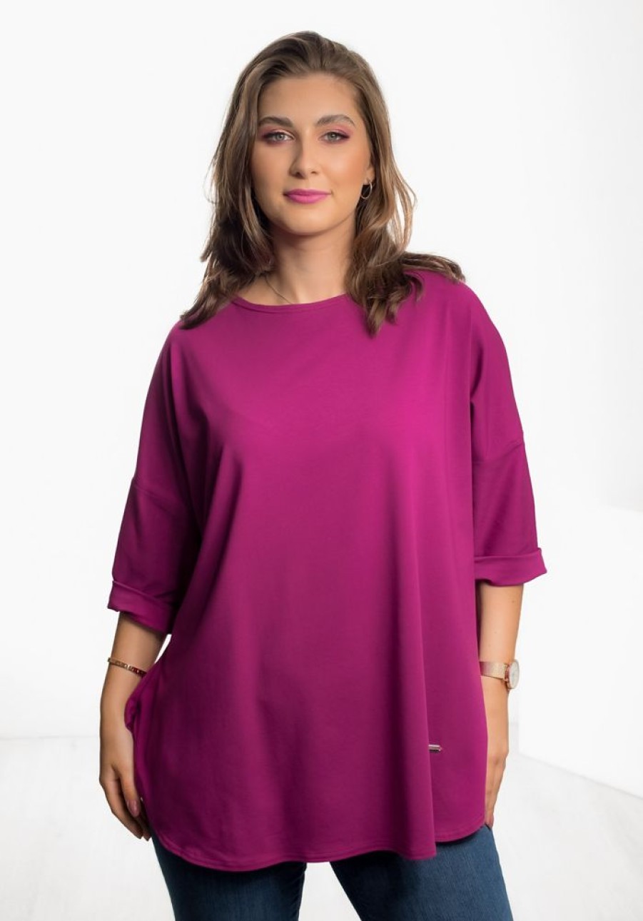 Odziez maloma Bluzki Na Co Dzien | Duza Bluzka Damska W Kolorze Magnety Oversize Rekaw 3/4 Maya Magenta/Fioletowy