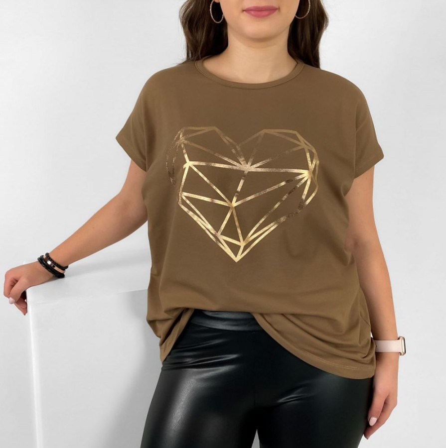 Odziez maloma T-Shirty Z Nadrukiem | Nietoperz T-Shirt Damski Plus Size W Kolorze Orzechowego Brazu Geometryczne Serce Brazowy