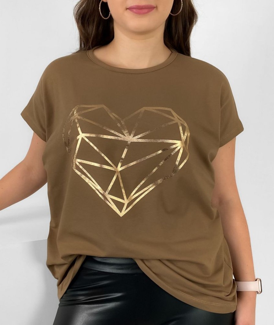 Odziez maloma T-Shirty Z Nadrukiem | Nietoperz T-Shirt Damski Plus Size W Kolorze Orzechowego Brazu Geometryczne Serce Brazowy