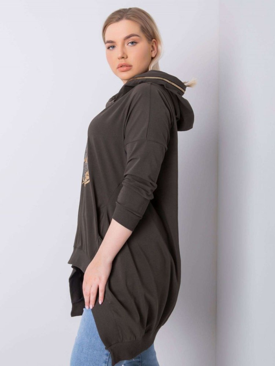 Odziez maloma Tuniki Z Rekawem | Asymetryczna Tunika Damska Plus Size W Kolorze Khaki Z Kieszeniami Dluzszy Tyl Nella Zloty/Khaki