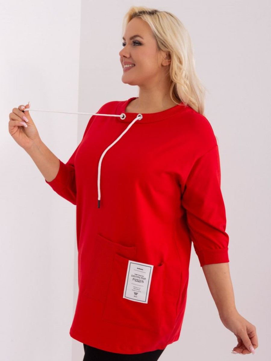 Odziez maloma Bluzki One Size | Bluzka Dresowa Plus Size W Kolorze M Sznurowany Dekolt Podwojna Kieszen Olin Czerwony