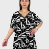 Odziez maloma Tuniki Z Koronka | Tunika Plus Size Oversize Geometryczny Wzor Dekolt Koronka Evita Czarny/Bialy