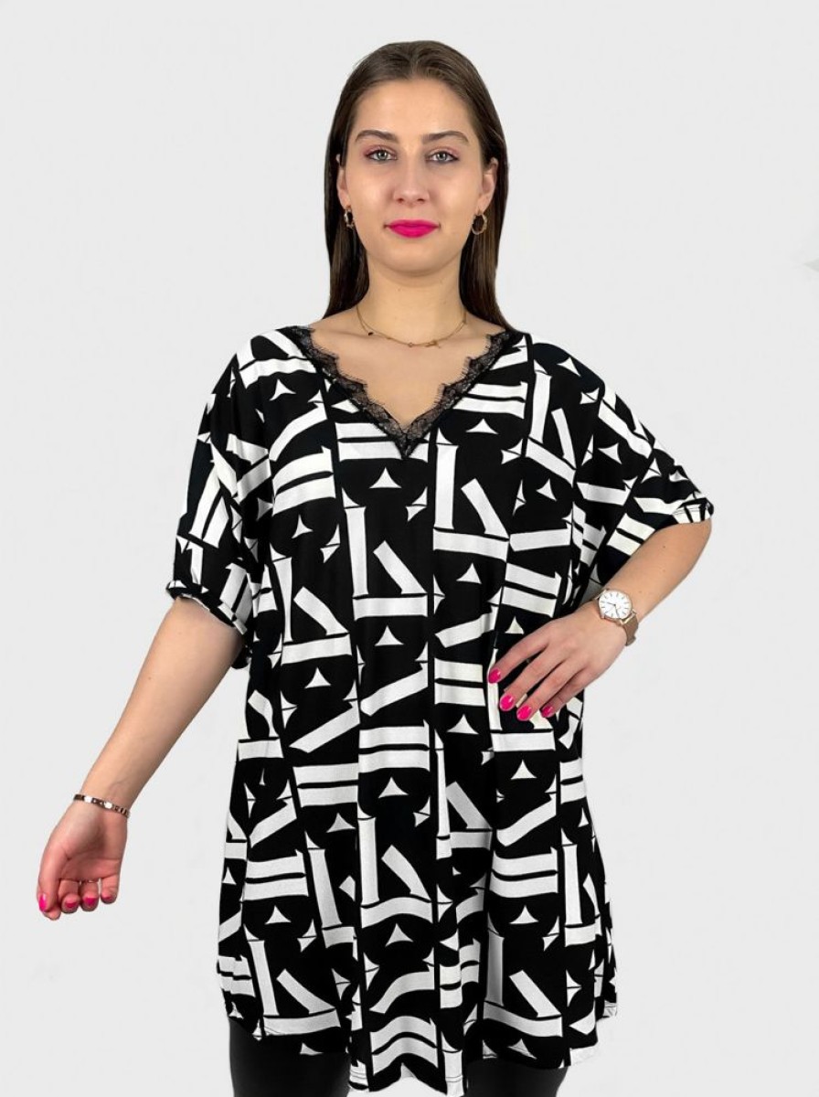 Odziez maloma Tuniki Z Koronka | Tunika Plus Size Oversize Geometryczny Wzor Dekolt Koronka Evita Czarny/Bialy