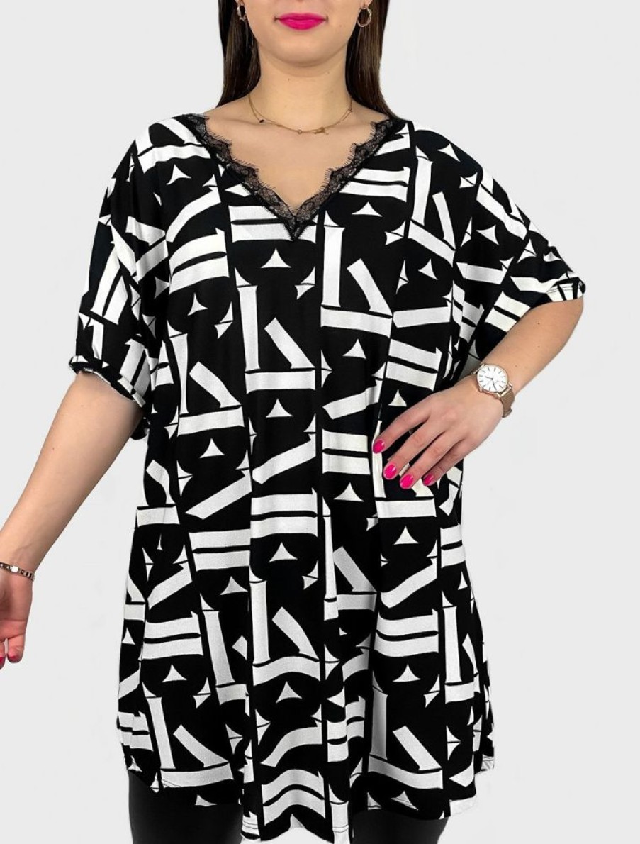 Odziez maloma Tuniki Z Koronka | Tunika Plus Size Oversize Geometryczny Wzor Dekolt Koronka Evita Czarny/Bialy