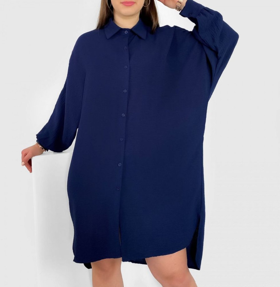 Odziez maloma Sukienki Na Co Dzien | Koszula Tunika Plus Size W Kolorze Owym Sukienka Oversize Guziki Enia Granat