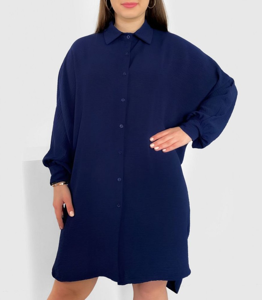 Odziez maloma Sukienki Na Co Dzien | Koszula Tunika Plus Size W Kolorze Owym Sukienka Oversize Guziki Enia Granat