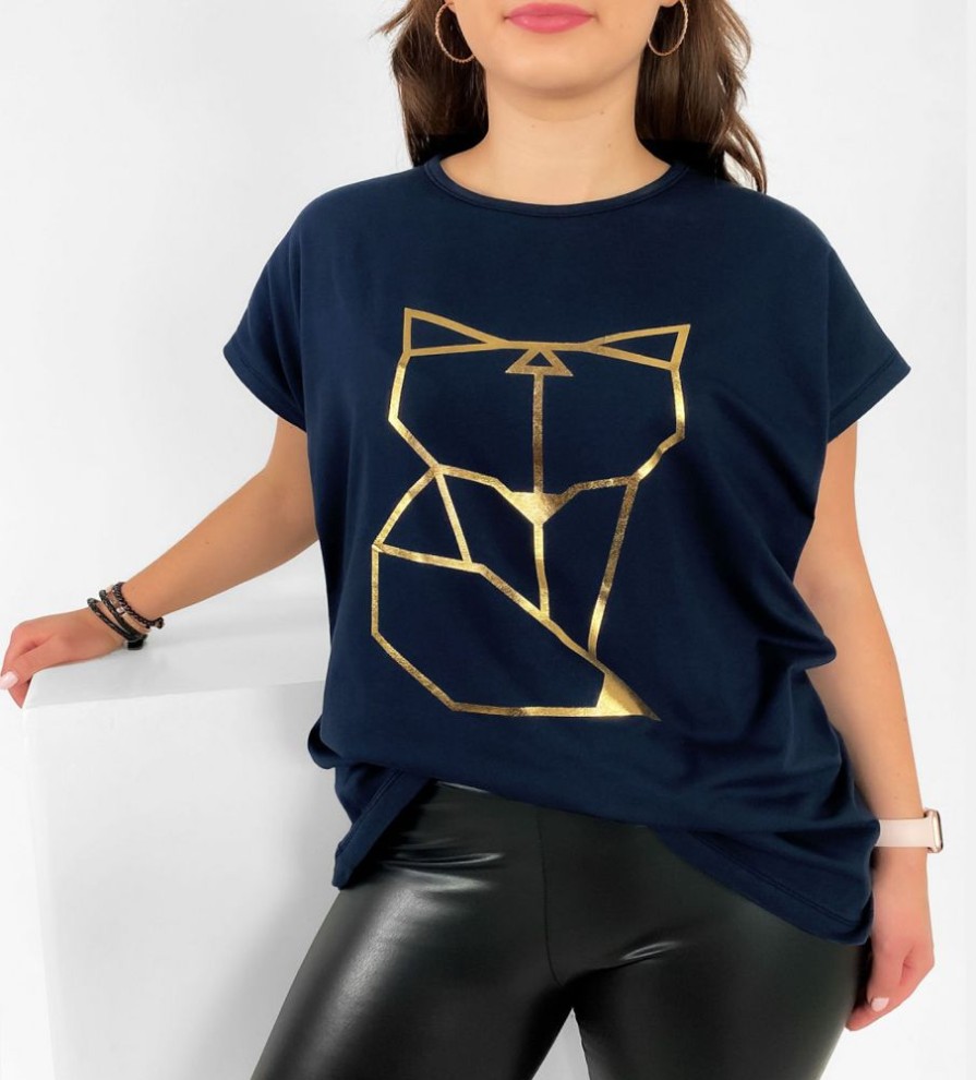 Odziez maloma T-Shirty Z Nadrukiem | Nietoperz T-Shirt Damski Plus Size W Kolorze Owym Geometryczny Lisek Granat