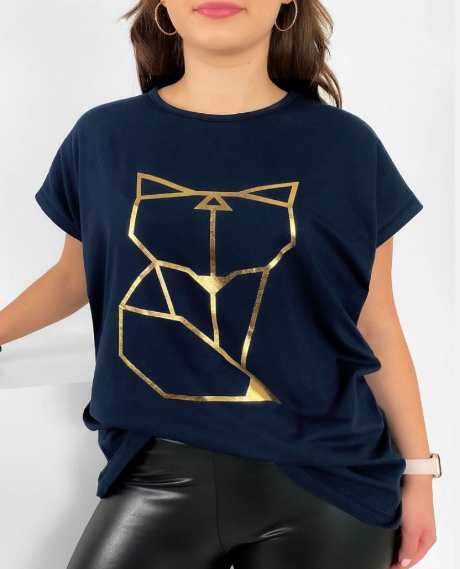 Odziez maloma T-Shirty Z Nadrukiem | Nietoperz T-Shirt Damski Plus Size W Kolorze Owym Geometryczny Lisek Granat