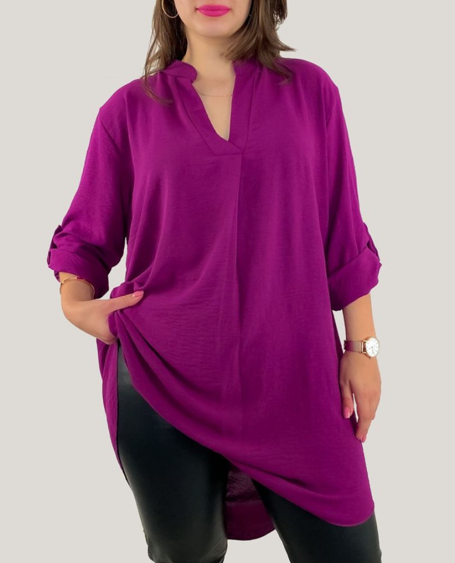 Odziez maloma Koszule Dlugie | Koszula Tunika Plus Size W Kolorze Magenta Sukienka Z Dluzszym Tylem Taylor Fioletowy/Magenta