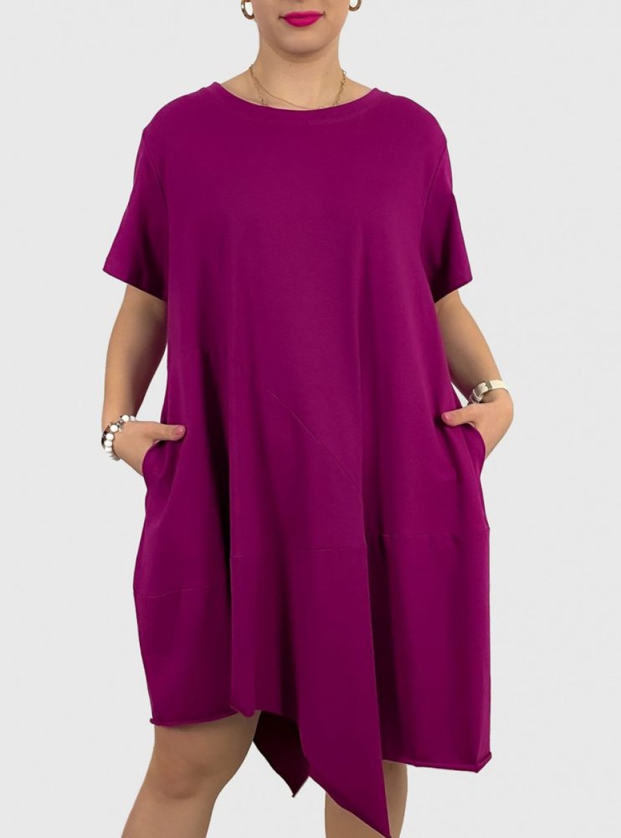 Odziez maloma Sukienki Sportowe & Dresowe | Sukienka Plus Size W Kolorze Magenta Z Kieszeniami Asymetryczny Przod Ariadna Fioletowy/Magenta