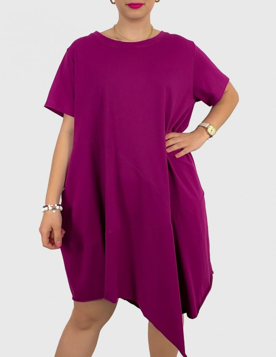 Odziez maloma Sukienki Sportowe & Dresowe | Sukienka Plus Size W Kolorze Magenta Z Kieszeniami Asymetryczny Przod Ariadna Fioletowy/Magenta