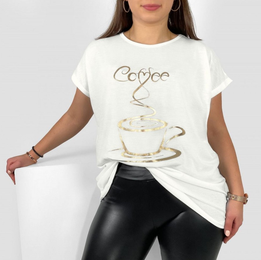 Odziez maloma T-Shirty Z Nadrukiem | Nietoperz T-Shirt Damski Plus Size W Kolorze Oty Print Coffee Cup Ecru