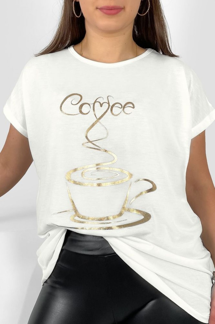 Odziez maloma T-Shirty Z Nadrukiem | Nietoperz T-Shirt Damski Plus Size W Kolorze Oty Print Coffee Cup Ecru