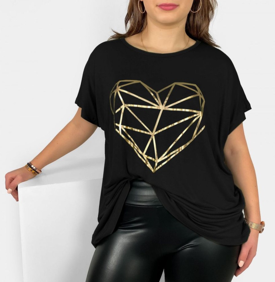 Odziez maloma T-Shirty Z Nadrukiem | Nietoperz T-Shirt Damski Plus Size W Kolorze M Geometryczne Serce Czarny