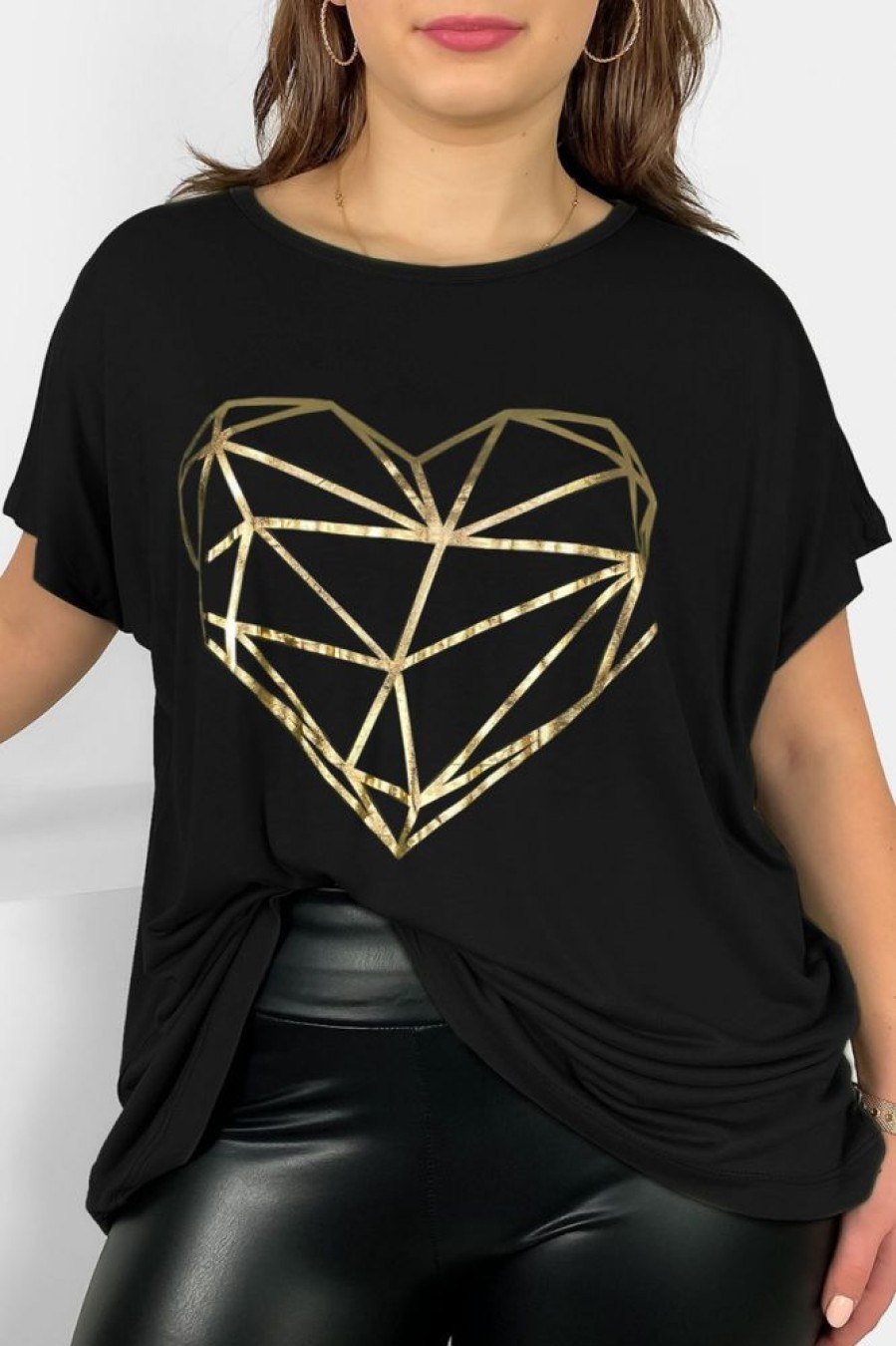 Odziez maloma T-Shirty Z Nadrukiem | Nietoperz T-Shirt Damski Plus Size W Kolorze M Geometryczne Serce Czarny