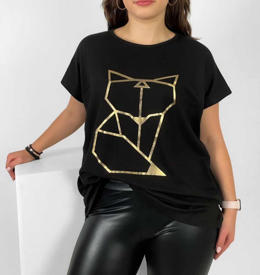 Odziez maloma T-Shirty Z Nadrukiem | Nietoperz T-Shirt Damski Plus Size W Kolorze M Geometryczny Lisek Czarny