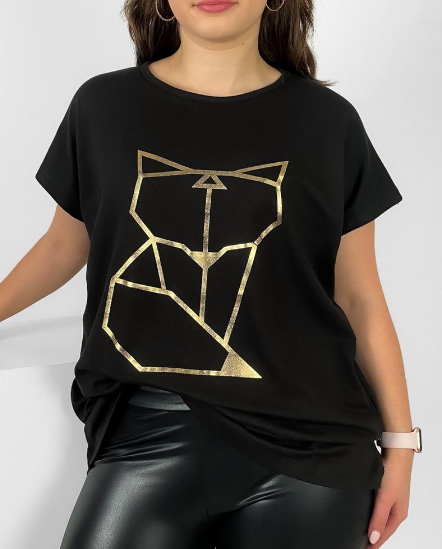 Odziez maloma T-Shirty Z Nadrukiem | Nietoperz T-Shirt Damski Plus Size W Kolorze M Geometryczny Lisek Czarny