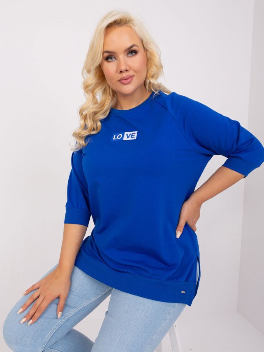 Odziez maloma Bluzy One Size | Bluza Damska Plus Size W Kolorze Owym Dluzszy Tyl Rozciecia Rekaw 3/4 Love Kobalt