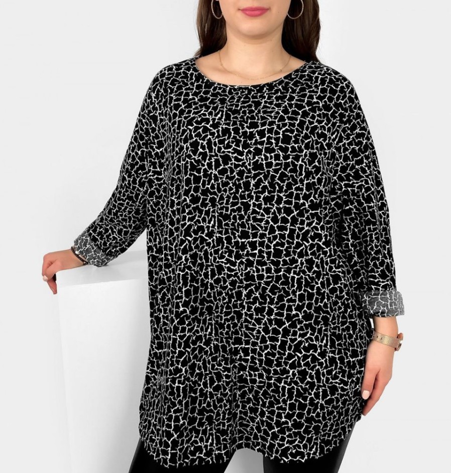 Odziez maloma Tuniki Asymetryczne | Milutka Tunika Plus Size Lekko Dluzszy Tyl Okragly Dekolt Oversize Wzor Ciernie Ruzan Czarny/Bialy