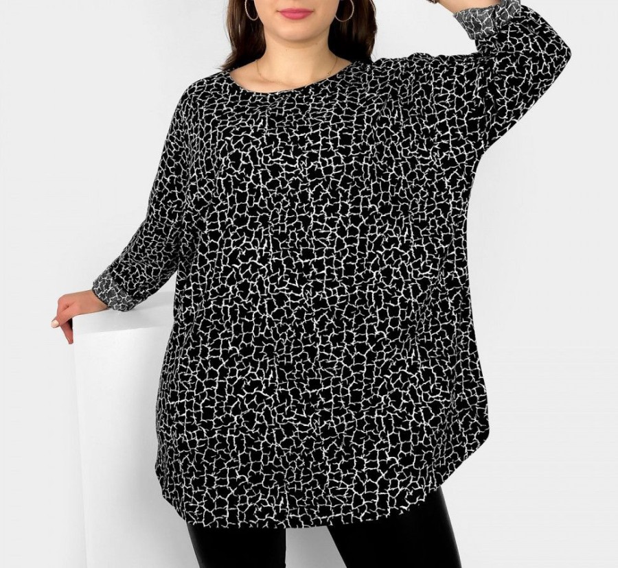 Odziez maloma Tuniki Asymetryczne | Milutka Tunika Plus Size Lekko Dluzszy Tyl Okragly Dekolt Oversize Wzor Ciernie Ruzan Czarny/Bialy