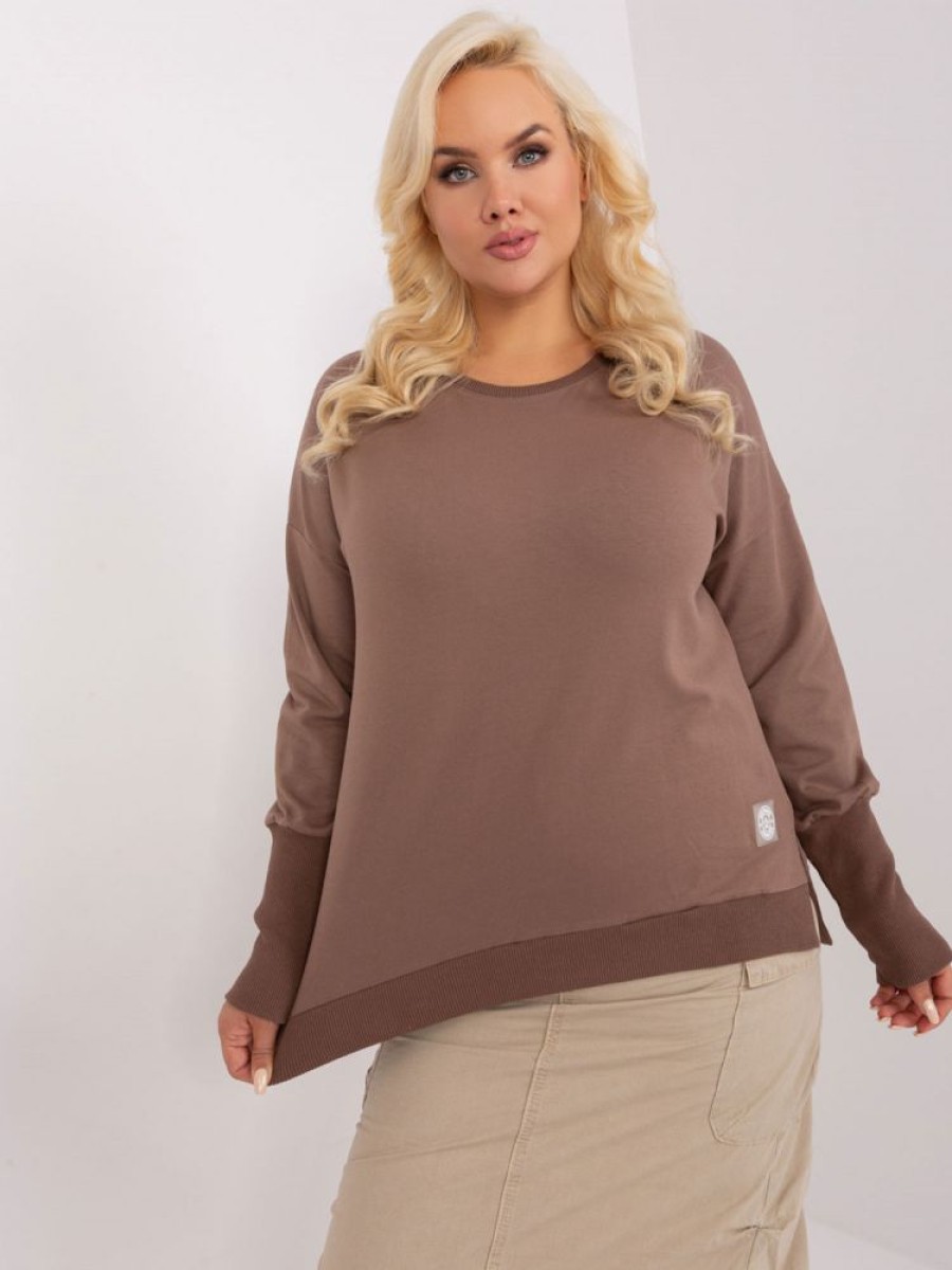 Odziez maloma Bluzy Basic | Bluza Damska Plus Size W Kolorze M Dluzszy Tyl Rozciecia Rekaw Dlugi Sciagacz Brazowy