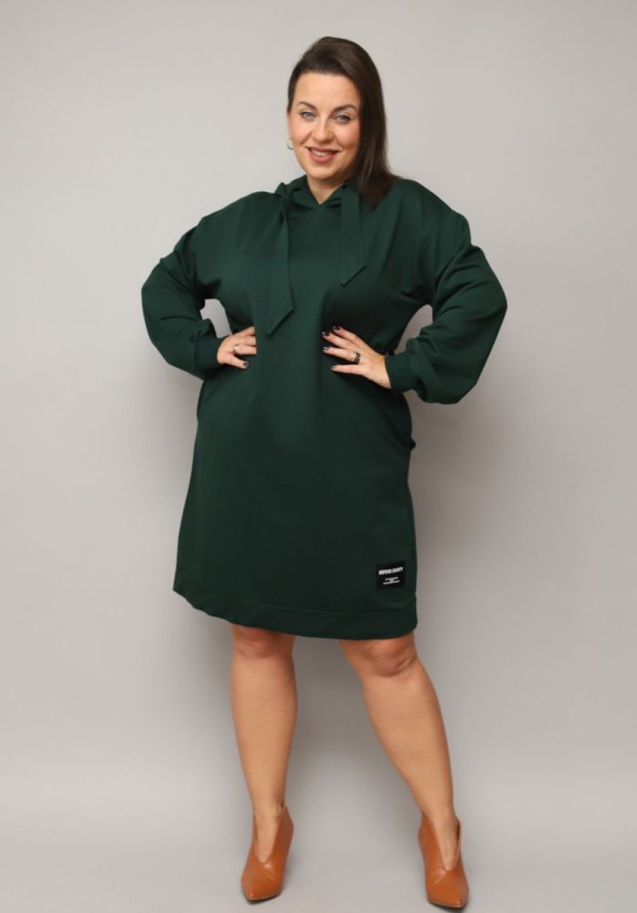 Odziez maloma Sukienki Sportowe & Dresowe | Sukienka Dresowa Plus Size Bluza Long Z Kapturem W Kolorze Butelkowej Zieleni Christa Zielony/Butelkowy