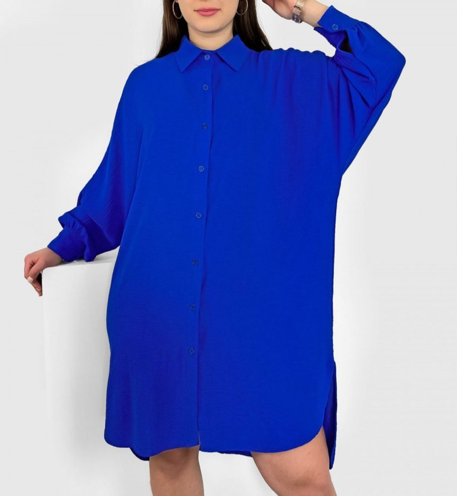 Odziez maloma Sukienki Na Co Dzien | Koszula Tunika Plus Size W Kolorze Kobaltowym Sukienka Oversize Guziki Enia Niebieski/Kobalt