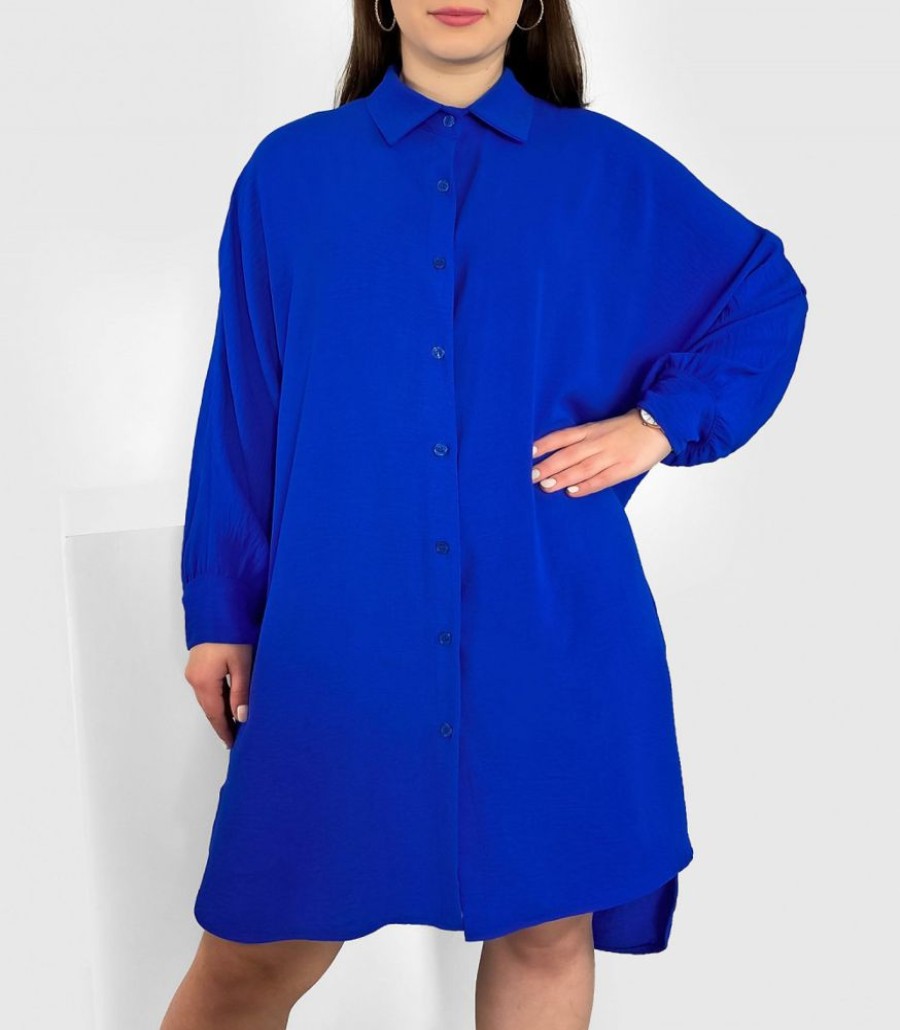 Odziez maloma Sukienki Na Co Dzien | Koszula Tunika Plus Size W Kolorze Kobaltowym Sukienka Oversize Guziki Enia Niebieski/Kobalt