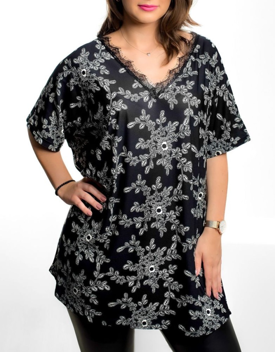 Odziez maloma Tuniki Z Koronka | Tunika Plus Size Oversize Wzor Kwiaty Dekolt Koronka Evita Czarny/Bialy