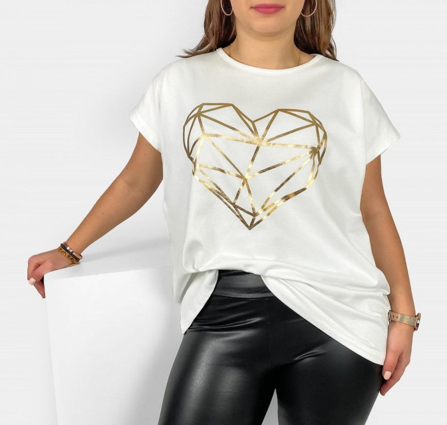 Odziez maloma T-Shirty Z Nadrukiem | Nietoperz T-Shirt Damski Plus Size W Kolorze Ecru Geometryczne Serce Ecru/Bialy