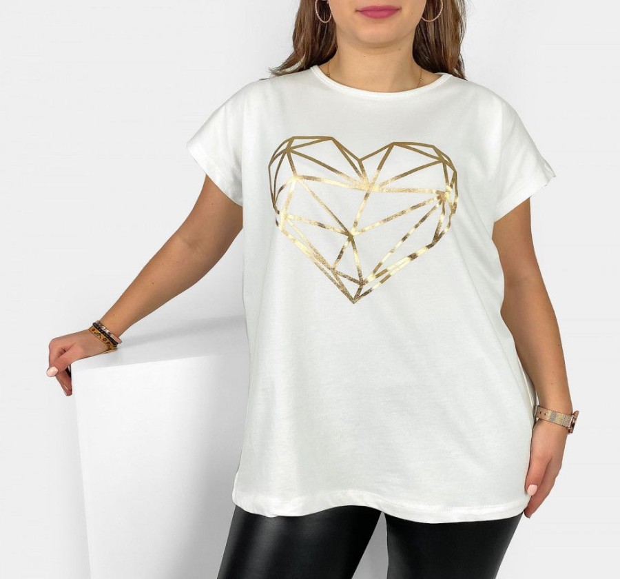 Odziez maloma T-Shirty Z Nadrukiem | Nietoperz T-Shirt Damski Plus Size W Kolorze Ecru Geometryczne Serce Ecru/Bialy